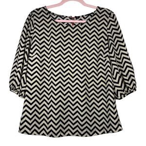 Tan Black Chevron Print 3/4 Sleeve Blouse Large
